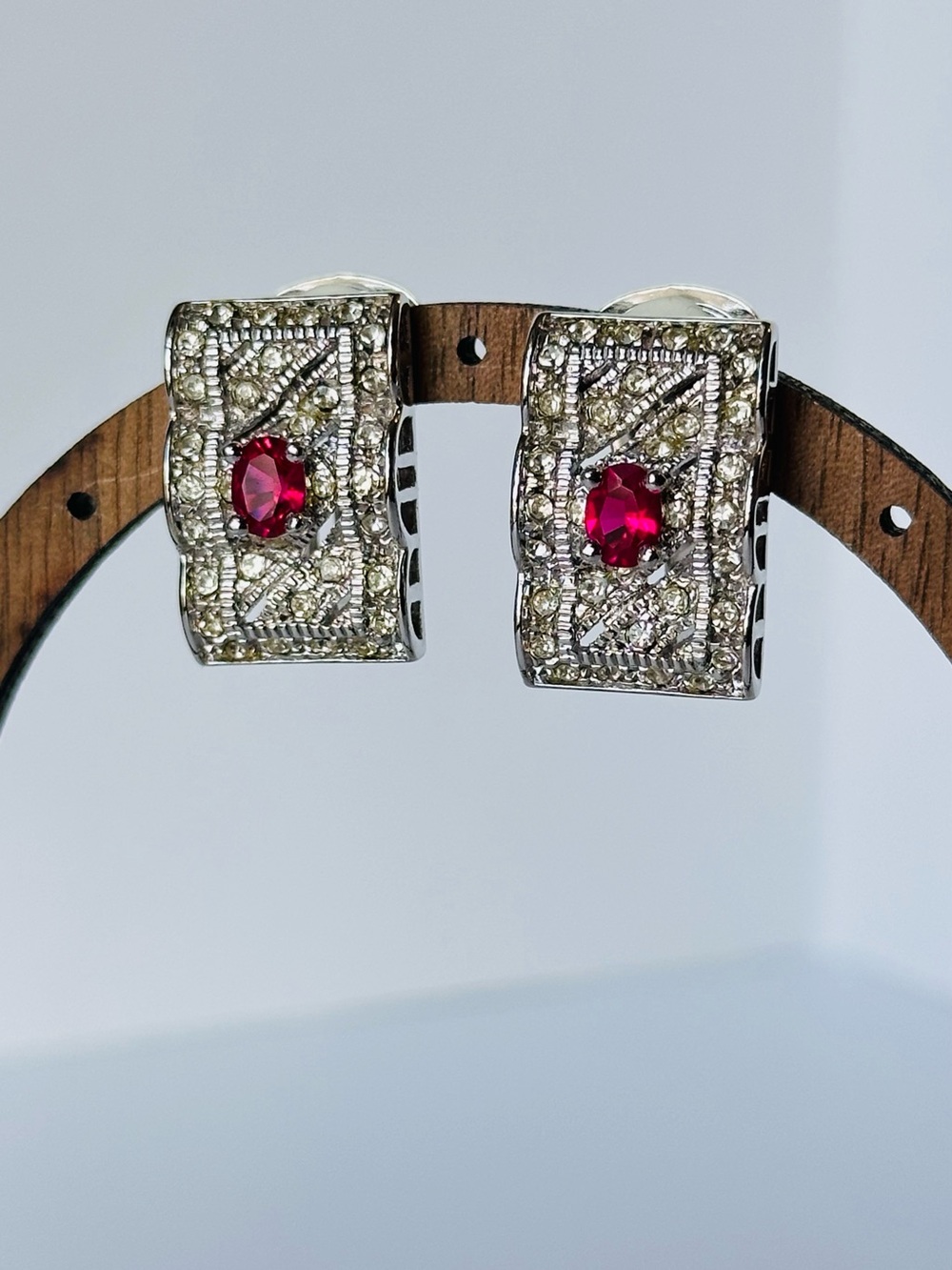 NADRI Earrings Art Nouveau Deco Clip On Silver CZ Crystals Pave Ruby Red Stone